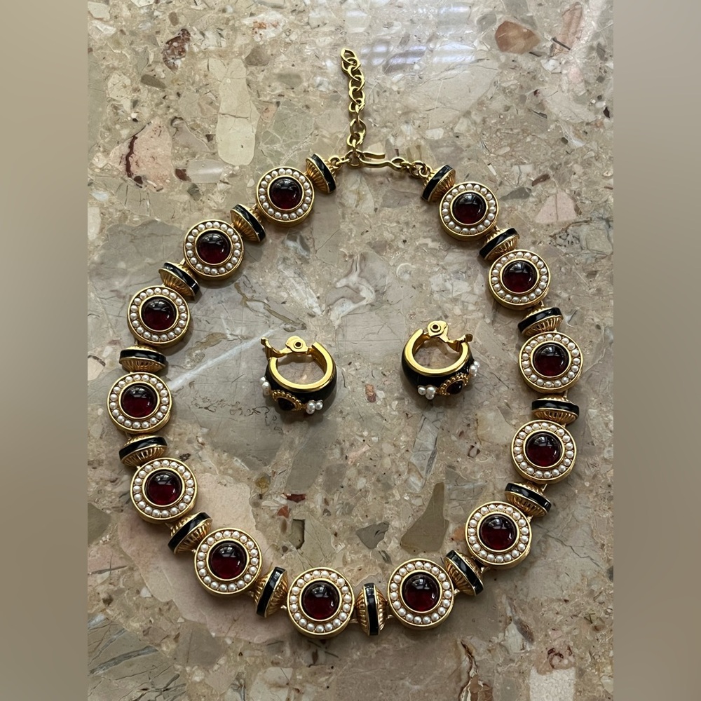 Rare VTG Monet Gripoix Necklace & Earrings Red Cabochon Faux Pearl Black Enamel